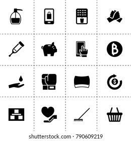 Hand icons. vector collection filled hand icons. includes symbols such as rake, planning, dollar, handshake, coffee, sponge, drop in hand. use for web, mobile and ui design.