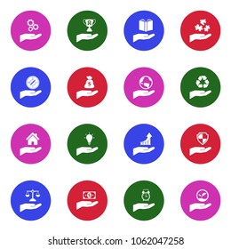 Hand Icons. White Flat Design In Circle. Vector Illustration. 