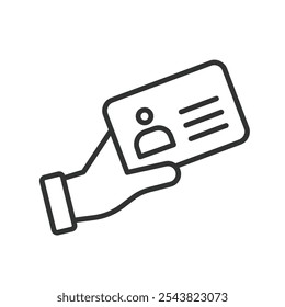 Hand with ID card, icon in line design. Hand, ID, card, identification, document, access, security on white background vector. Hand with ID card editable stroke icon