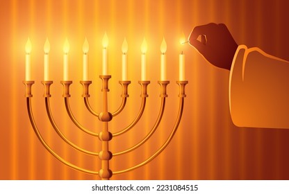 Hand igniting candles on the menorah, Jewish holiday background, Hanukkah, vector illustration