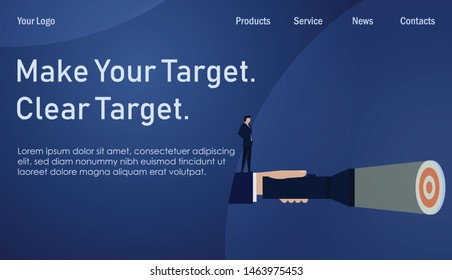 Hand illuminate the target for businessman. Metaphor for aiming clear goal. Business Landing Page Template.