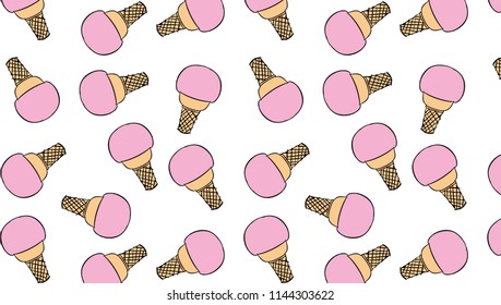 hand illustrated background or backdrop consisting of pink strawberry ice cream in a waffle cone is an isolated white background