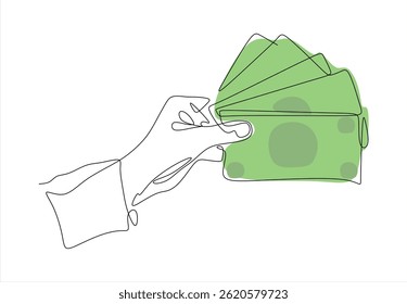 Mão ilustrada segurando dinheiro em um desenho contínuo de uma linha. Conceito bancário e financeiro. Traçado editável. 
