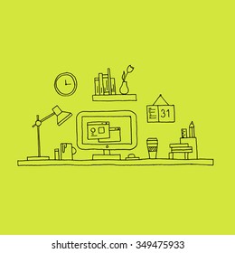 Hand illustrated outline stroke style creative workspace. Modern office desk with computer, books and hipster sfuff for room interior. Modern vector illustration concept on yellow background.