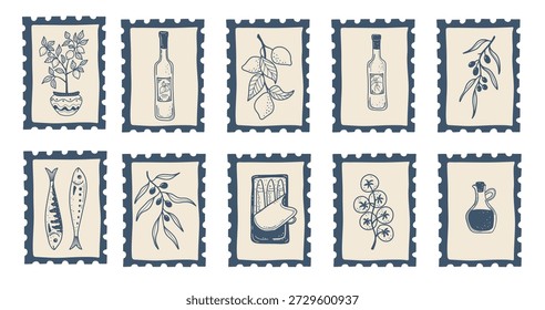 Conjunto de selos postais ilustrados à mão com símbolos culinários italianos, ingredientes mediterrâneos e estilo de ilustração de viagem retrô.