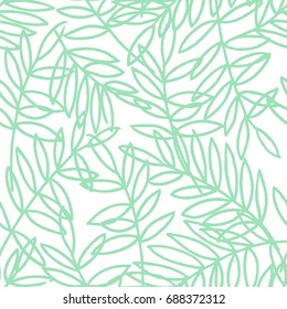 Hand illustrated seamless vector botanical silhouette pattern.  Hand drawn mint green leaves or plant outline on a white background.