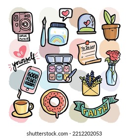 Hand illustrated self love drawings. Icons of hobbies for stay home activities like calligraphy, painting, planting, etc.