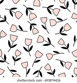 Hand illustrated silhouette seamless vector tulip floral pattern.  Abstract, hand drawn blush or millennial pink tulip flowers on a white background.