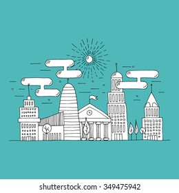 Hand illustrated thin flat line city landscape with white fill. City scenery with skyscrapers, trees and the sky full of clouds. Modern urban illustration isolated on white background.