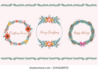 Hand illustrated vector Christmas wreath set with winter floral elements, bows, branches, leaves and red berries. Ideal of labels, tags, Season greeting card.