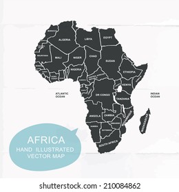 Hand illustrated vector map of Africa. Detailed illustration of states.