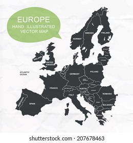 Hand illustrated vector map of Europe. Detailed illustration of states.
