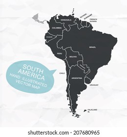 Hand illustrated vector map of South America. Detailed illustration of states.