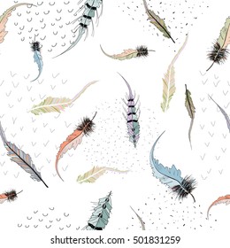 Hand illustration bird feather. Seamless vector pattern.
