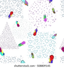 Hand illustration bird feather.  Symbol of writing and learning. Drawing for wallpaper. Seamless vector pattern.
