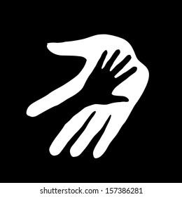 Hand in hand illustration in black-and-white colors. Concept of help, assistance and cooperation.