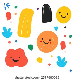 Hand illustration cute children's drawing in bright colors abstract figures with smiles
