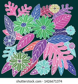 Hand illustration of flowers&leaves in shiny colours on black background. Poster, card, clothes, bags.