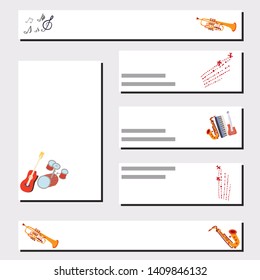 hand illustration of guitar, musical notes, trumpet, drums, saxophone and keyboard. Vector illustration for musical events, apps, design cover, flyers, brochures page. Set of different labels. Vector
