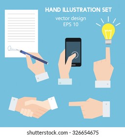 Hand illustration icon set in flat design style with blue background