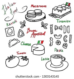 Hand illustration of Italian food. Tiramisu, macaroons, ravioli, pasta, latte, tomato for cafes, restaurants, packaging, labels on white isolated background.