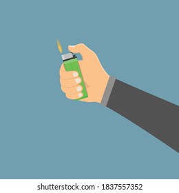 hand illustration of lighting a fire with gas lighter, flat design vector