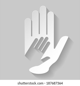 Hand in hand illustration in paper style. Idea of help, assistance and cooperation