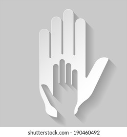 Hand in hand illustration in paper style. Idea of assistance, help  and cooperation