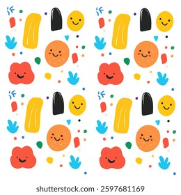 Hand illustration pattern seamless cute children's drawing in bright colors abstract shapes with smiles