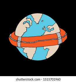 Hand illustration of save the world on the black background. Idea for environmental purposes such as posters, cards, leaflets, clothes, pins, bags and stationery.