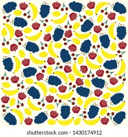Hand illustration of seamless pattern of mixed fruits (grapes, apples, cherries, lemons, bananas) on white cream background. Poster, card, clothes, bags, wrapping paper, wallpaper.