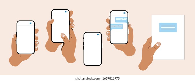 Hand illustration set. Modern vector hands holding note book, cell phones with a text message on a screen. Web, App design infographics. Popular, trendy flat illustrations.