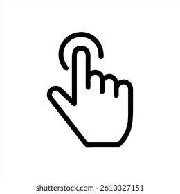 A hand illustration showing a finger pressing a circular button to indicate user interaction with a digital interface. The design is minimalistic and uses bold lines for clear visibility.