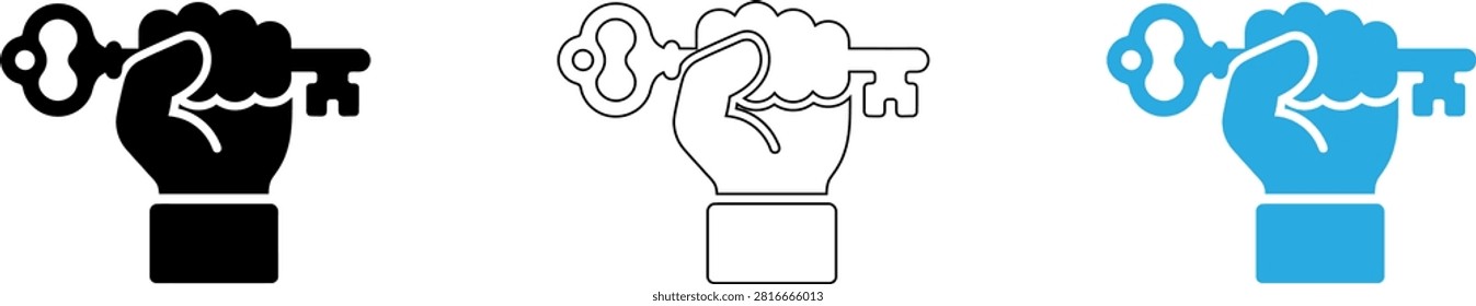 Hand illustration showing three stages of unlocking or accessing content with keys isolated on transparent background, Vector