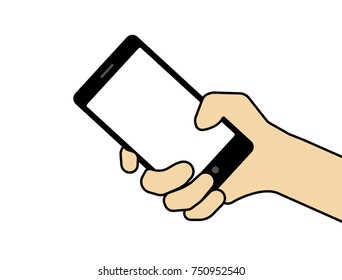 Hand illustration with smart phone. Flat colors. Vector illustration. White background