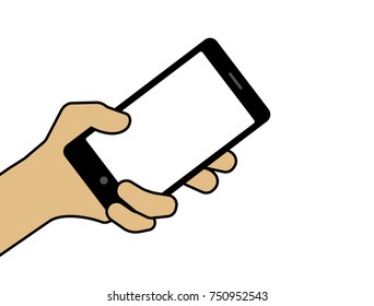 Hand illustration with smart phone. Flat colors. Vector illustration. White background