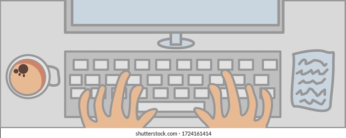 hand illustration of someone working at a computer, with a cup of coffee and a piece of paper