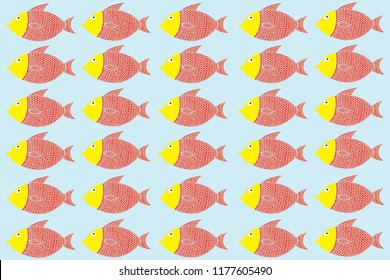 Hand illustration of squint fish pattern on blue green background. Poster, card, banner, bags, clothes, wallpaper, wrapping paper.
