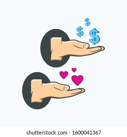 Hand illustration symbol of a dollar bill and heart