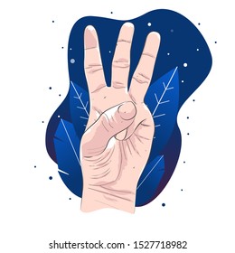 Hand illustration symbolizes the number three with gradient leaves are blue-02