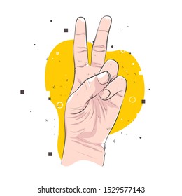 Hand illustration symbolizes the number two with yellow  shape