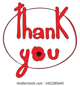 Hand illustration of thank you with poppy silhouette. Poster, card, banner, postcard, clothes, bags.