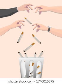 Handillustrierung, wie man eine Zigarette in den Müll wirft. ohne Tabak unterschreiben. Flachvektordesign