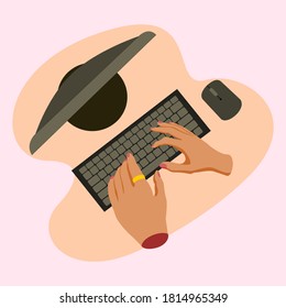 Hand illustration typing computer. Vector illustration of monitor, keyboard, mouse, and hand