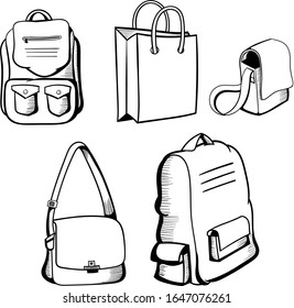 Hand illustration illustration of various bag models suitable for traveling equipment. Black and white sketches of backpacks, tote bags and sling bags suitable for lifestyle and school needs.