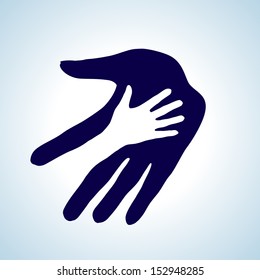 Hand in hand illustration in white and blue. Help, assistance and cooperation symbol.