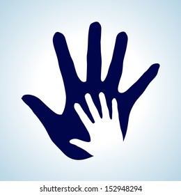 Hand in hand illustration in white and blue. Idea of help, assistance and cooperation.