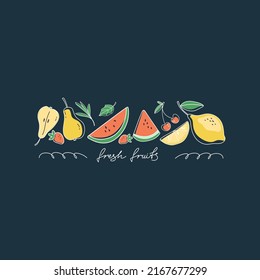 Illustrations à la main. Différents fruits sont disposés en rang d'affilée aux couleurs de l'été. Conception branchée d'invitation à la fête sur la plage, menu du bar à boissons alcoolisées, carte de cocktail. Illustration vectorielle.