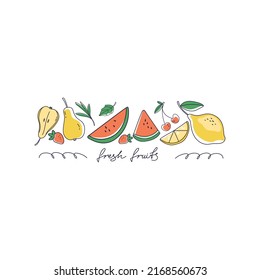 Hand illustrations. Various fruits are arranged in a row in summer colors on a white background. Trendy summer beach party invitation design, alcoholic drinks bar menu, cocktail card.