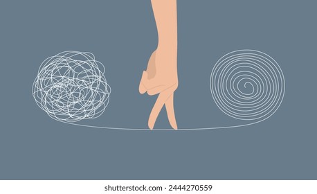 Hand imitating walking with fingers on thread between tangled and untangled balls. Problem solving process. Flat vector illustration